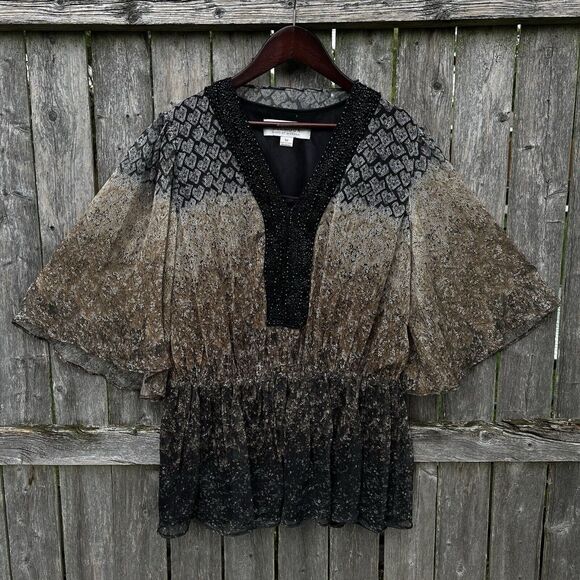 BADGLEY MISCHKA American Glamour Beaded V Neck Western Boho Peplum Blouse-Size M - Picture 1 of 7